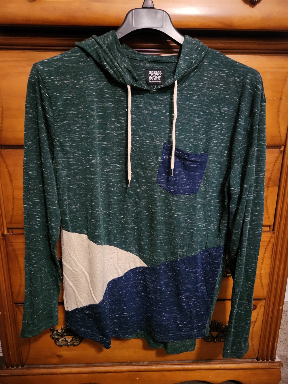 Rebel Star Green Hooded Long-Sleeve Shirt with Navy Pocket and Cream Accent
